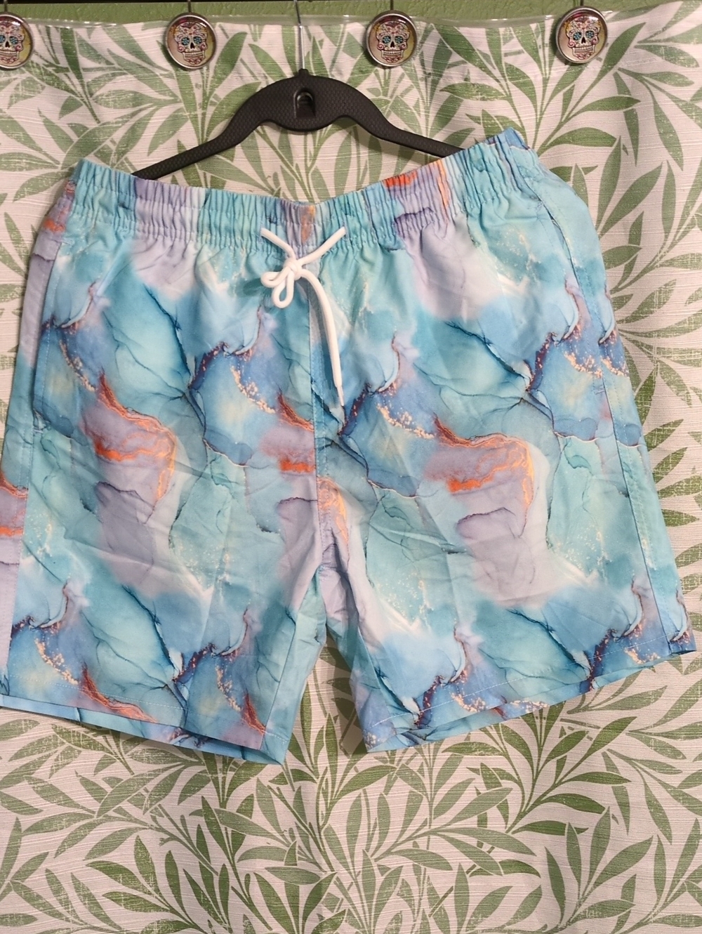Aqua Marble Print Men's Swim Trunks with Drawstring Waist